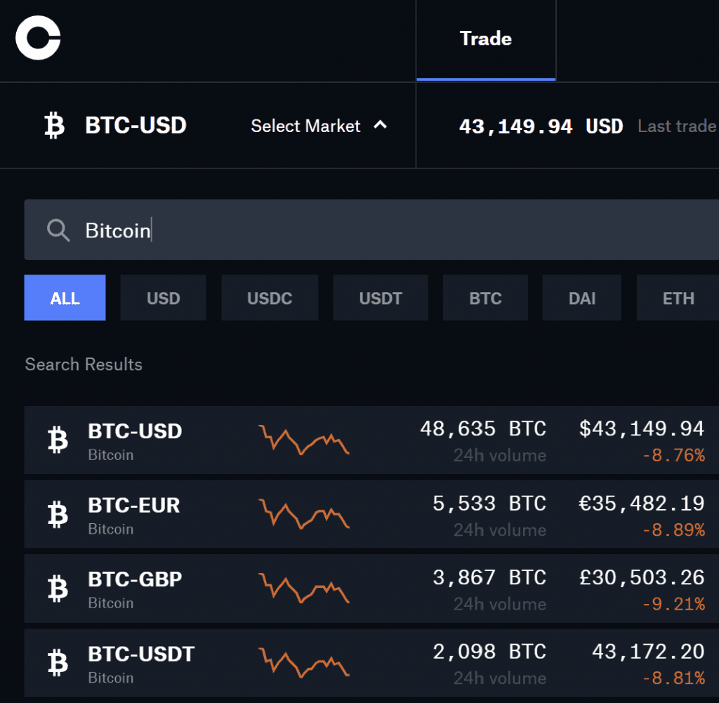 On the top left, click Trade, then enter Bitcoin in the seach bar to choose BTC-USD.