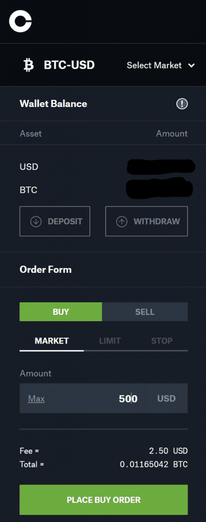 Enter the amount in US$ you would like to buy. Bitcoin bid/ask spreads are so tight that you can usually just use a basic market order.